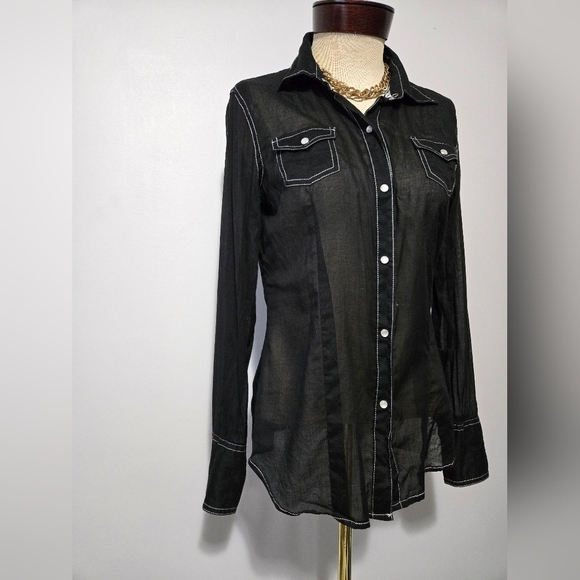Stetson Sheer Black Shirt with White Stitching. Size Small - Picture 2 of 10